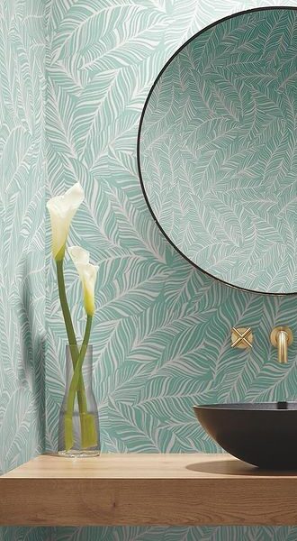 residential-wallpaper-blue-white-palm leaves-bathroom
